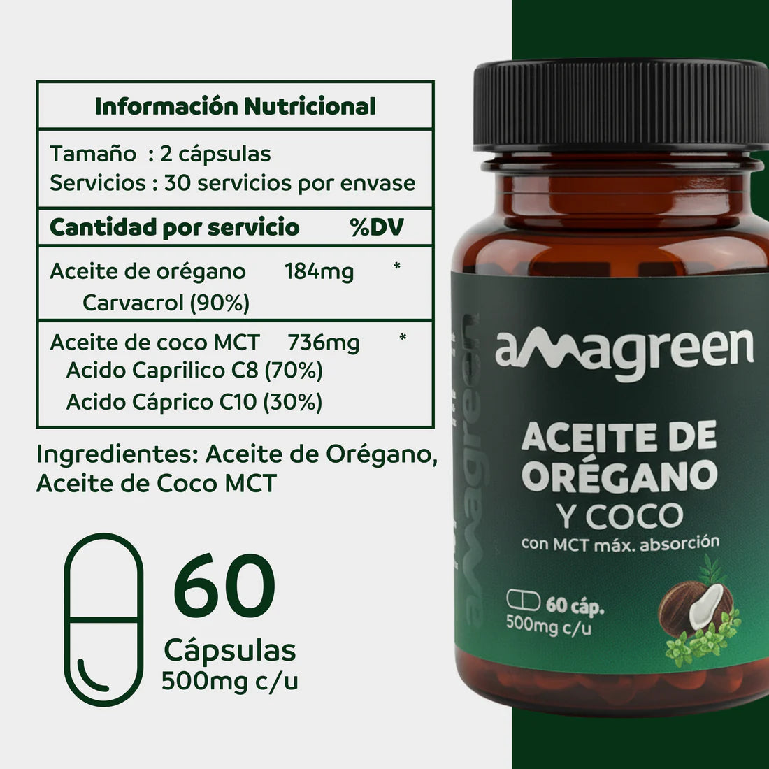 Aceite de Orégano + MCT en cápsulas (60 x 500mg) | 90% Carvacrol | Refuerzo Inmunitario y Digestivo