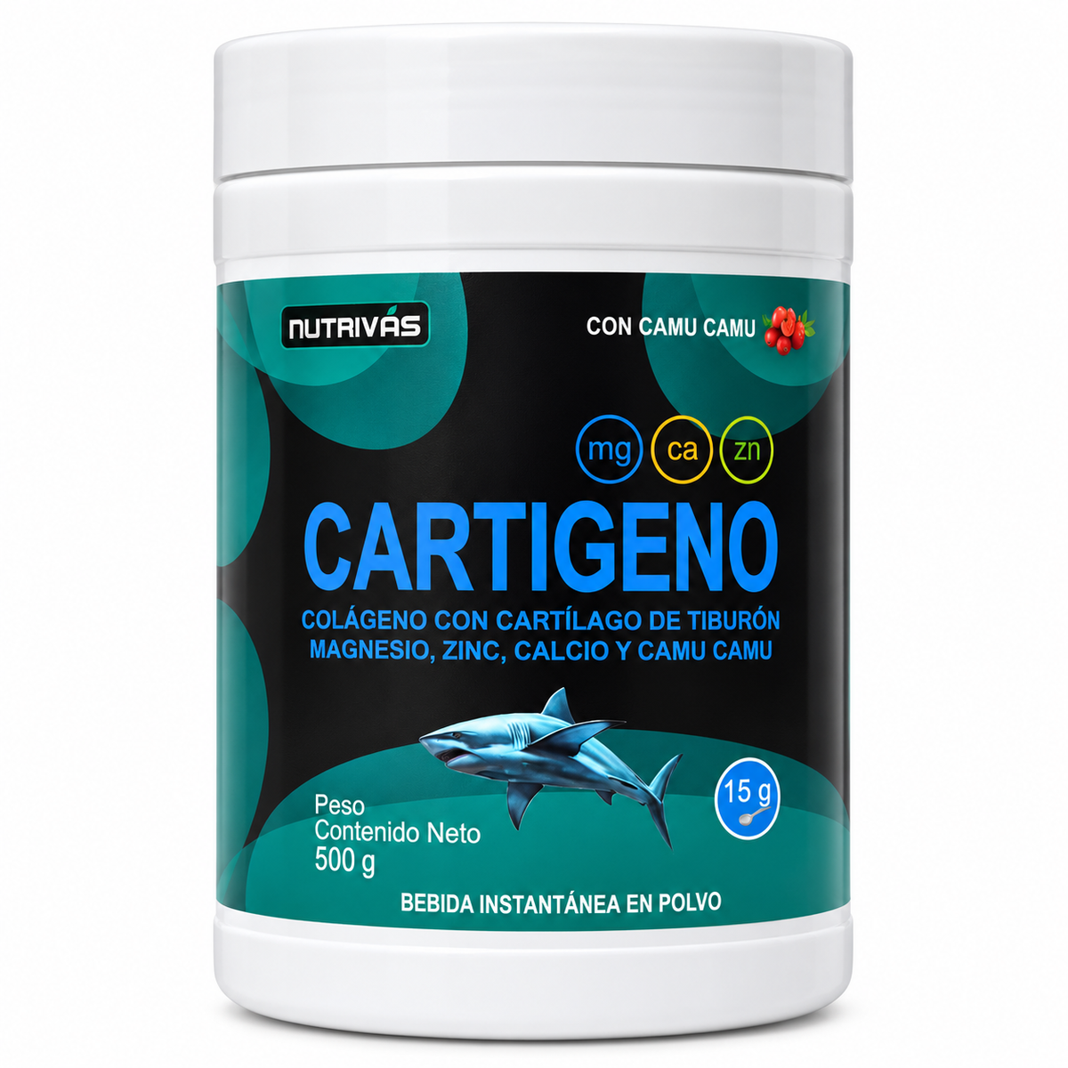 Colágeno con Cartílago de Tiburón, Calcio, Magnesio y Zinc - Sabor Camu Camu x 500g