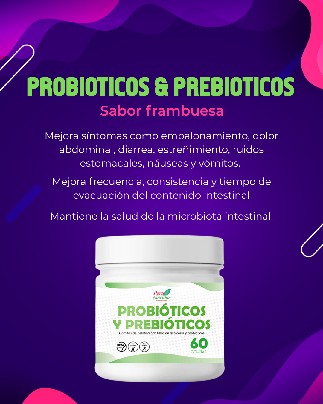 Gomitas Probióticas & Prebióticas (2 Billones de UFC) - Sabor Natural a Frambuesa x 60u