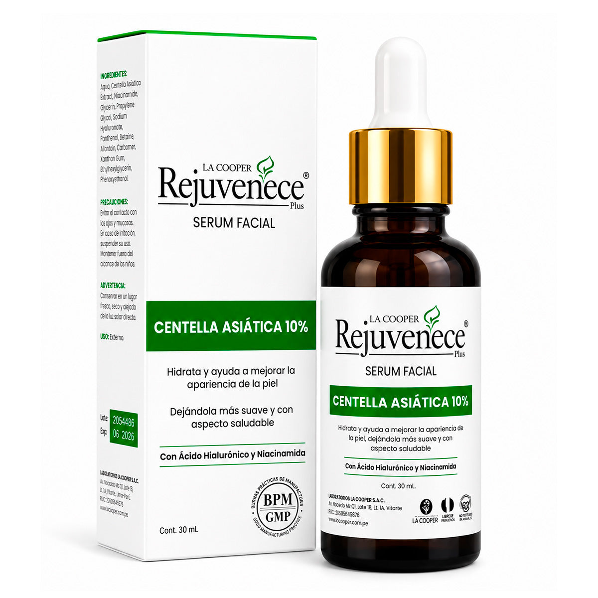 Sérum Facial con Centella Asiática 10%, Ácido Hialurónico, Niacinamida y D-Pantenol x 30ml