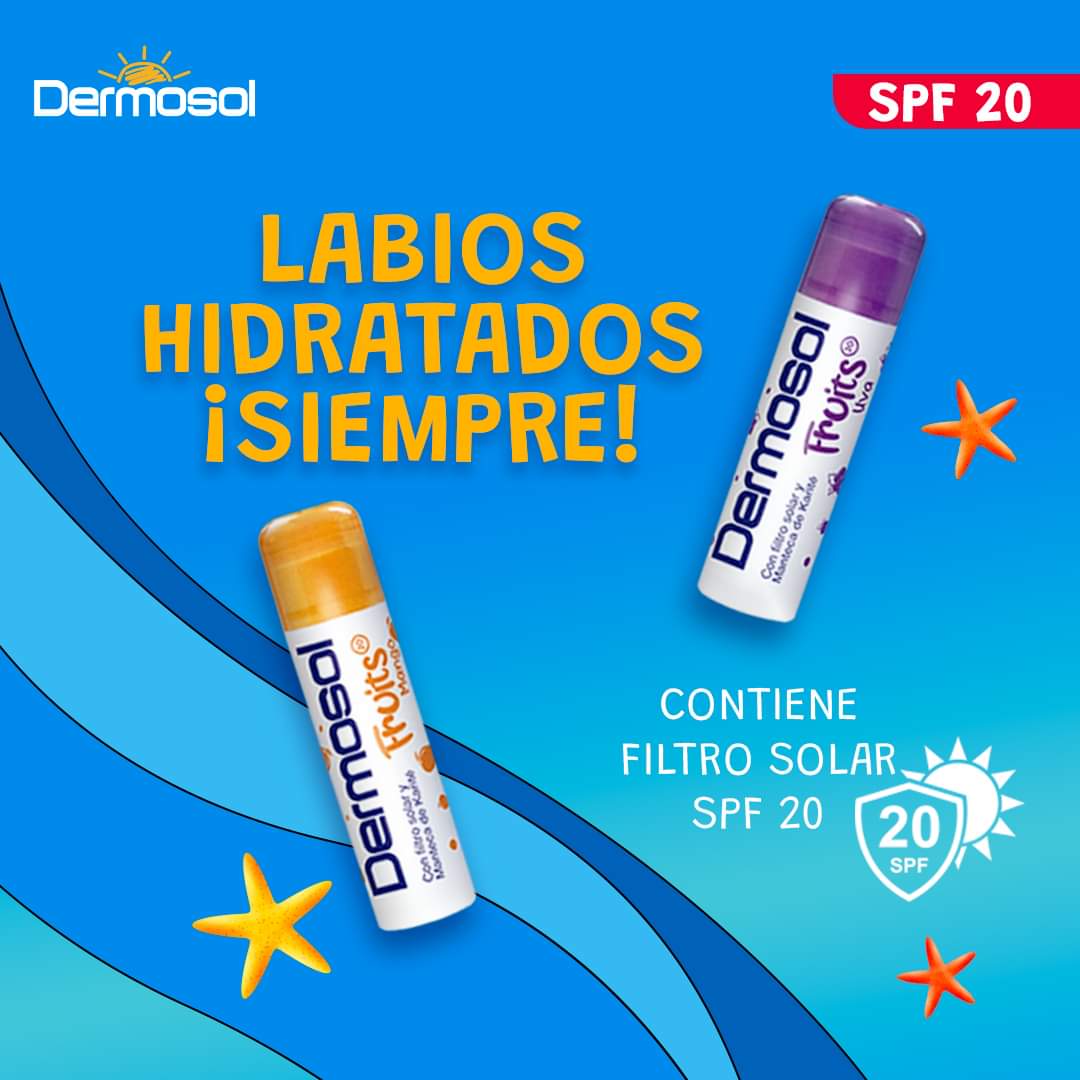 Bálsamo Labial Dermosol Fruits | Humectación con Filtro Solar SPF 20 y Manteca de Karité
