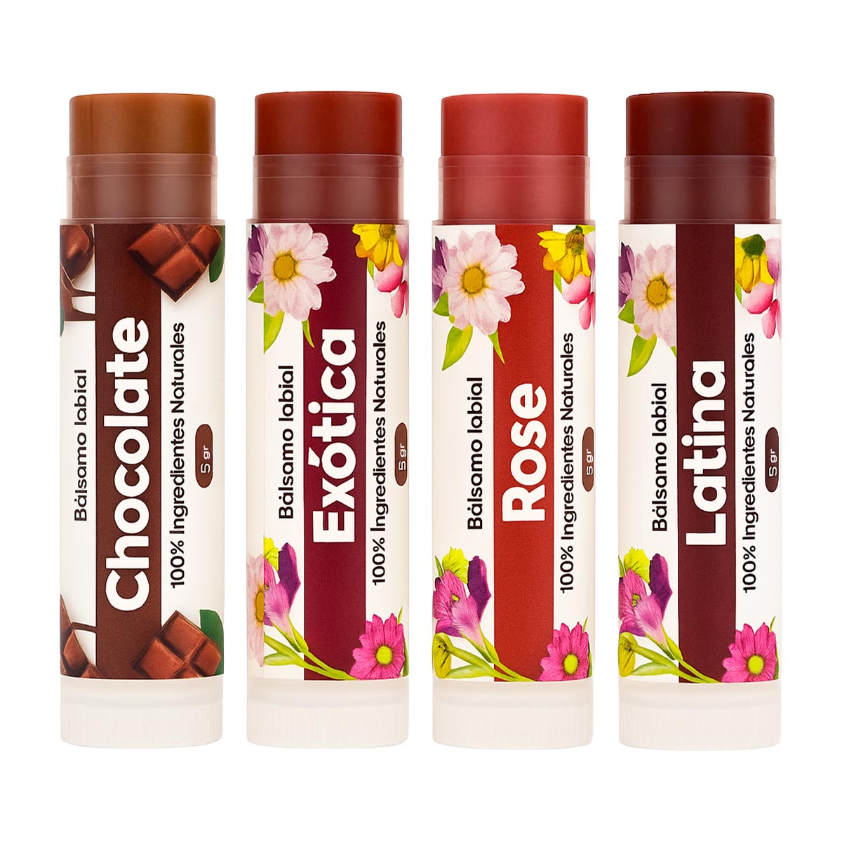 Bálsamo Labial 100% Natural con Color – Chocolate, Rose, Latina y Exótica