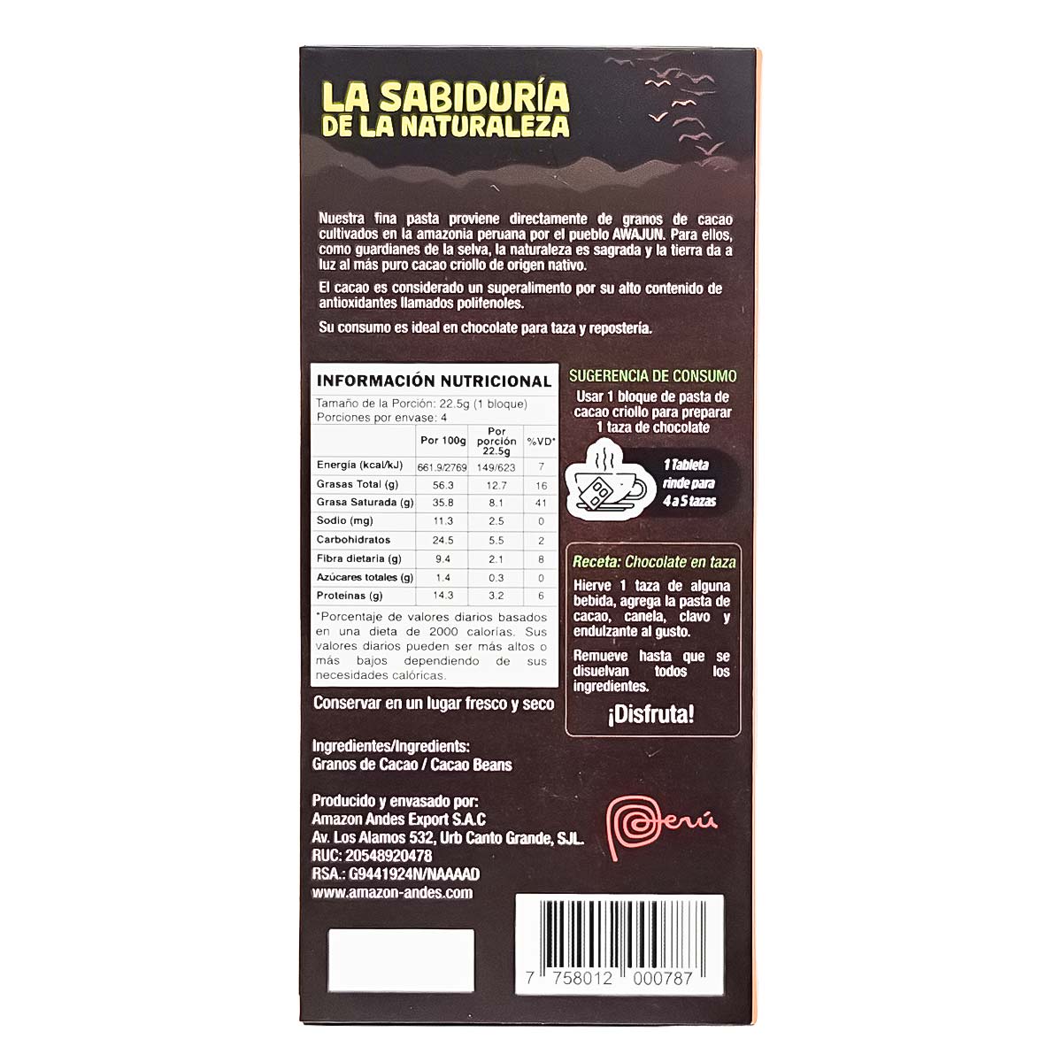 Chocolate para Taza 100% Cacao Nativo del Amazonas x 90g