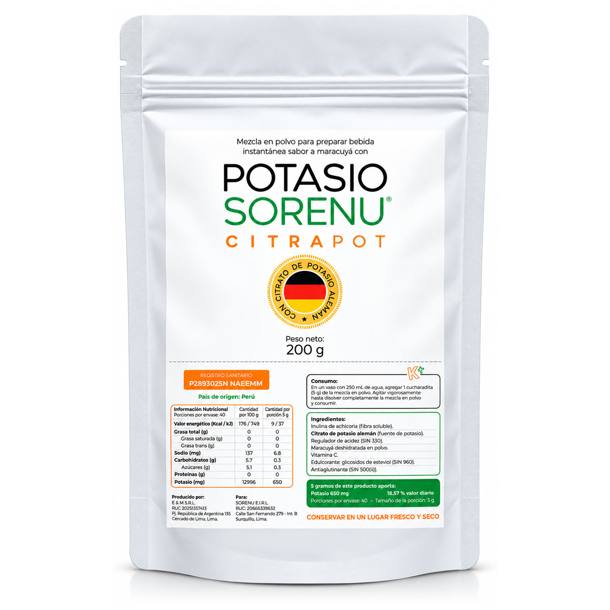Citrato de Potasio Alemán en polvo - Sabor Maracuyá x 200g
