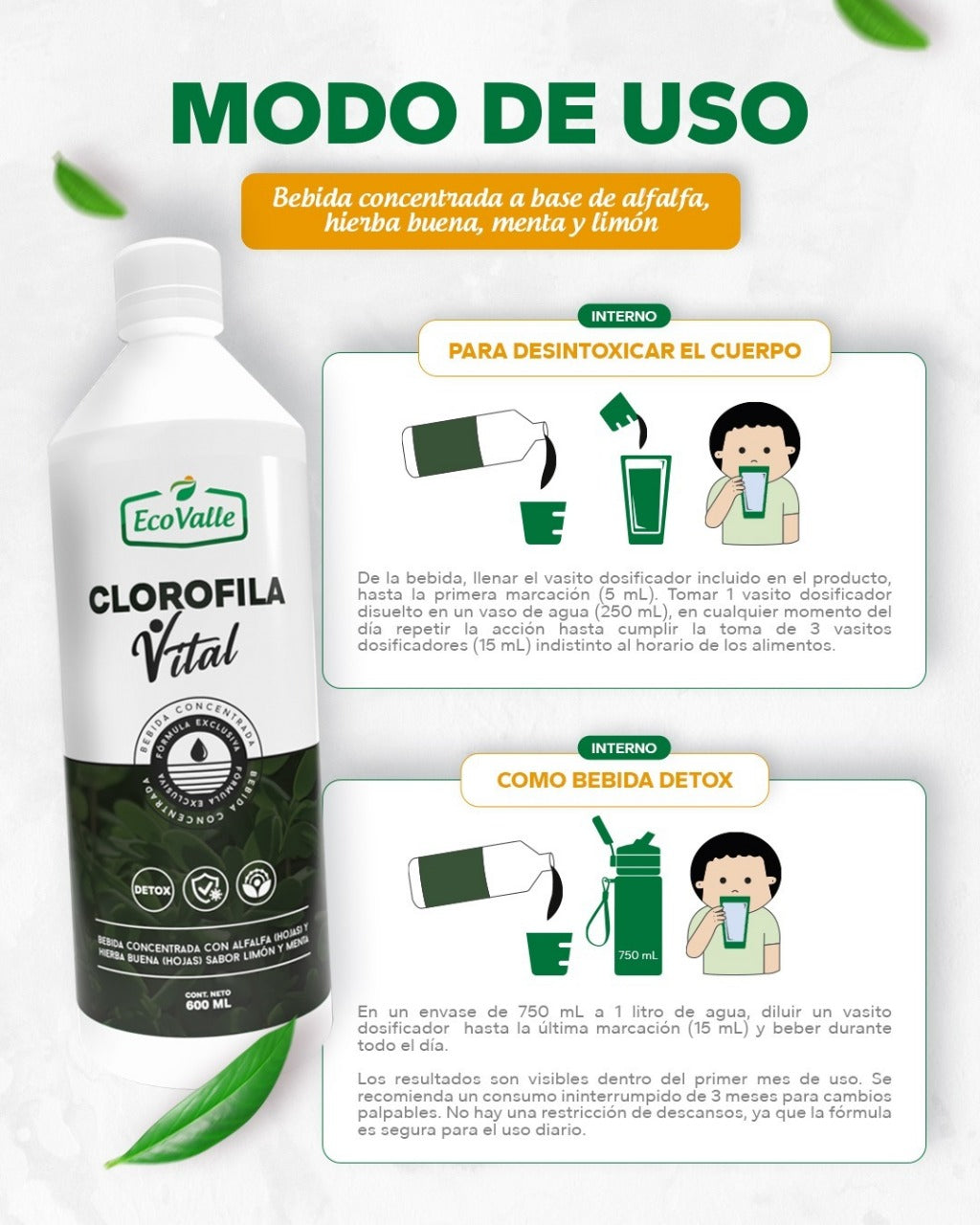 Clorofila Vital con Alfalfa, Hierba Buena, Menta y Limón x 600ml – Detox, Energía y Digestión