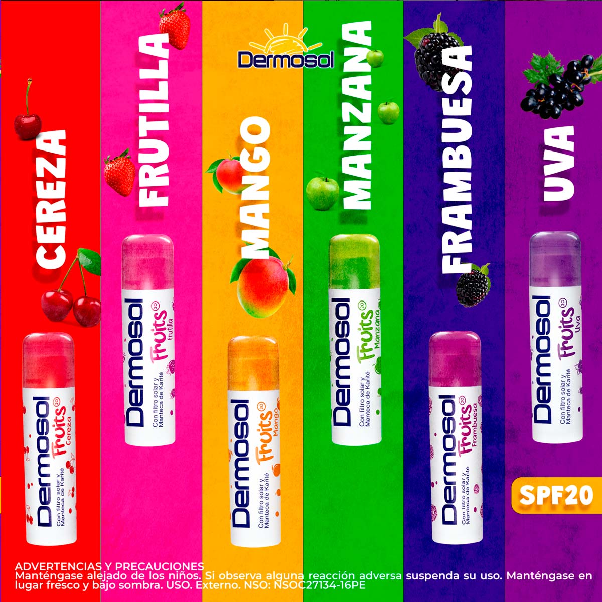 Bálsamo Labial Dermosol Fruits | Humectación con Filtro Solar SPF 20 y Manteca de Karité