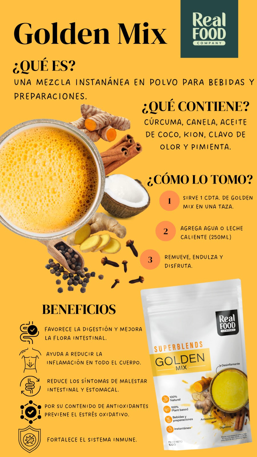 Golden Mix Instantáneo - Cúrcuma, Kión y Pimienta Negra x 100g