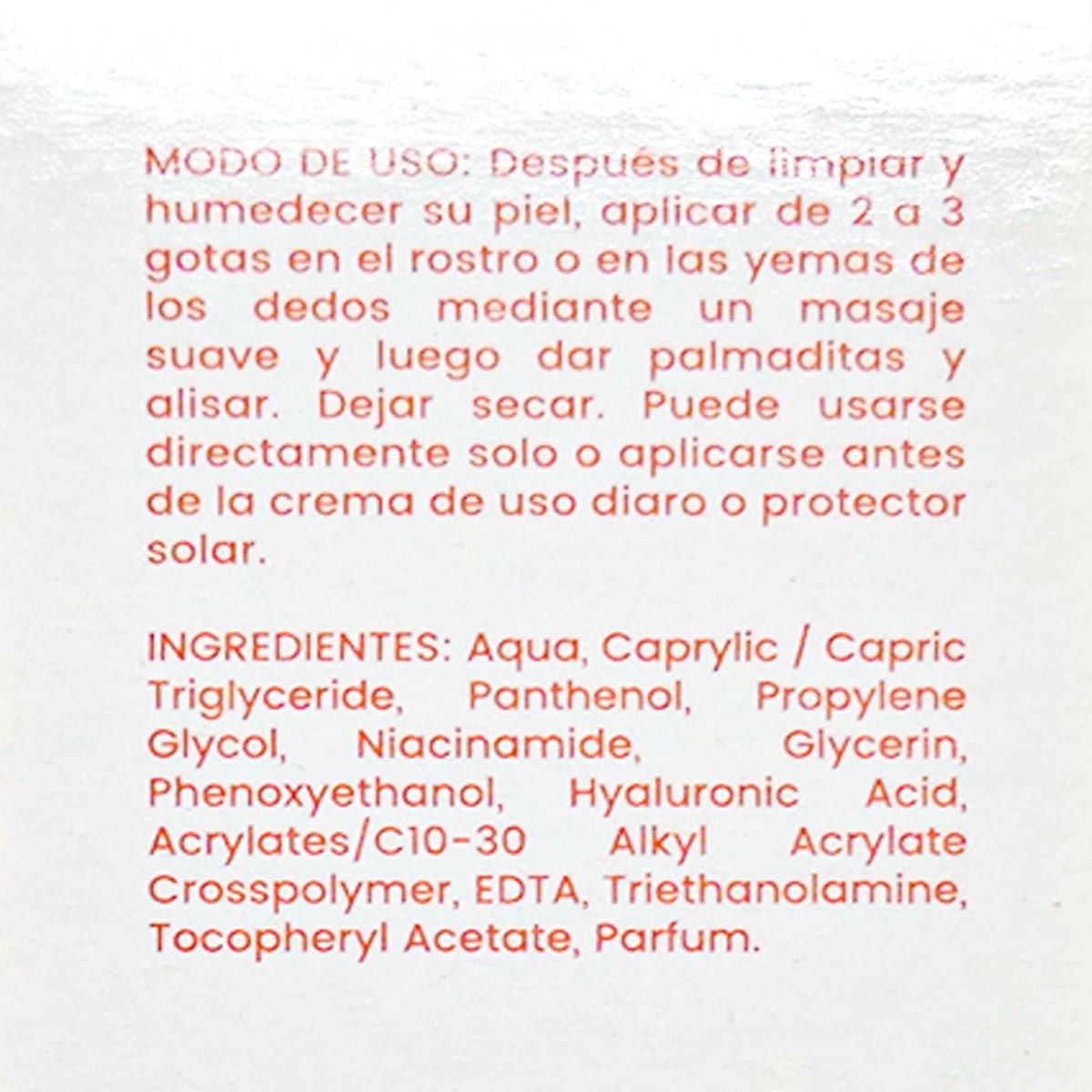 Sérum Facial Ácido Hialurónico con Pantenol, Niacinamida y Vitamina E x 30g – Hidratante, Reparador y Antiarrugas