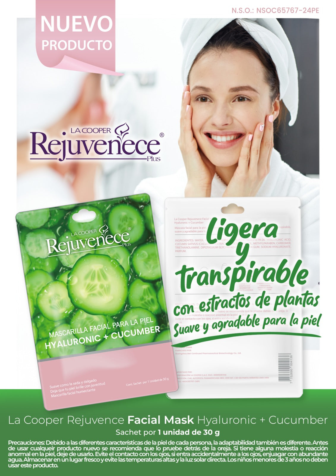 Mascarilla Facial con Ácido Hialurónico + Pepino Rejuvenece Plus – Hidratante y Refrescante x 30g