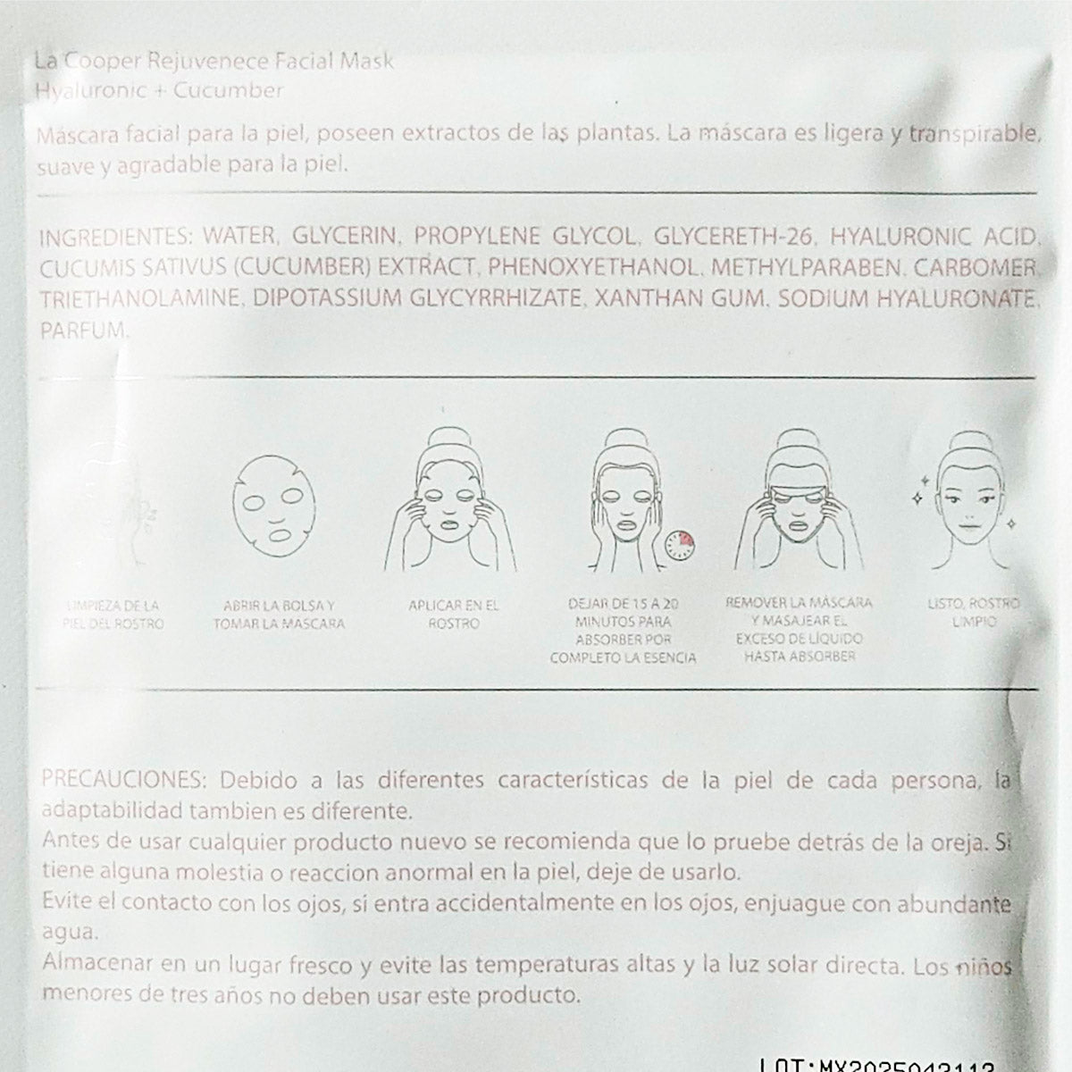 Mascarilla Facial con Ácido Hialurónico + Pepino Rejuvenece Plus – Hidratante y Refrescante x 30g