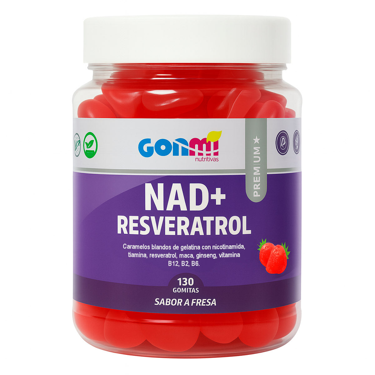 Gomitas NAD+ con Resveratrol, Maca, Ginseng y Vit. B12, B2, B6, B1 y B3 - Sabor Natural a Fresa x 130u
