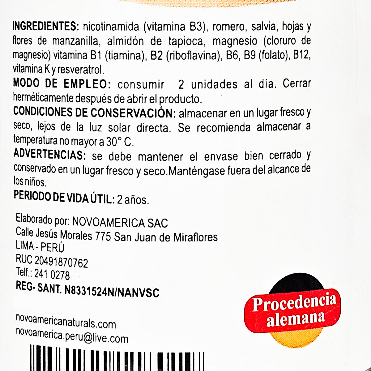 NAD+ con Resveratrol en cápsulas (100 x 500mg) | Vitaminas B1, B2, B3, B6, B12, K y Magnesio | Procedencia Alemana