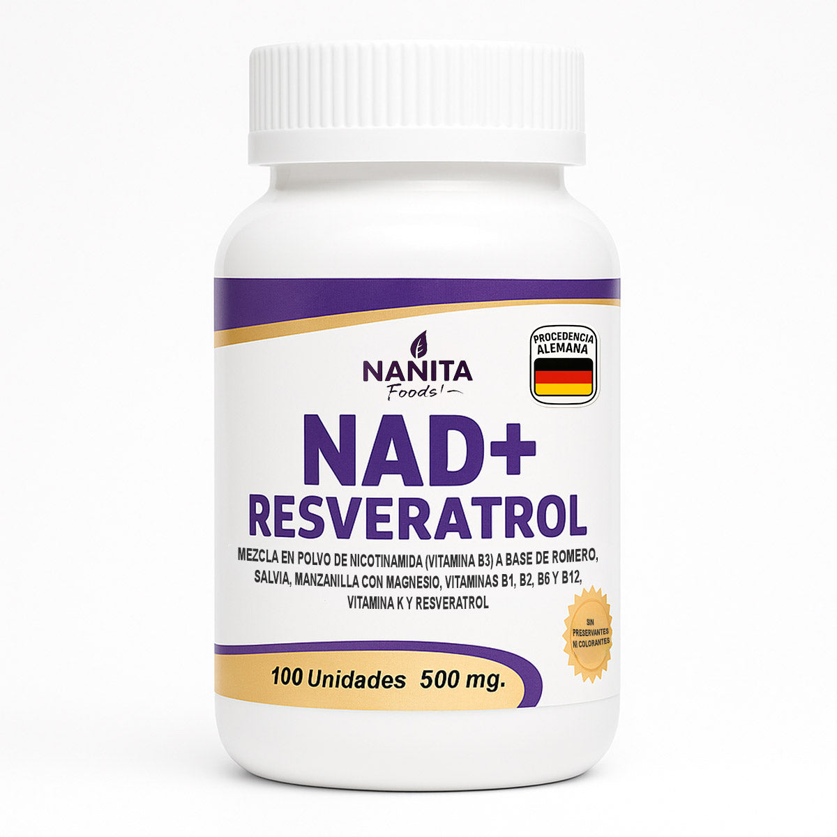 NAD+ con Resveratrol en cápsulas (100 x 500mg) | Vitaminas B1, B2, B3, B6, B12, K y Magnesio | Procedencia Alemana