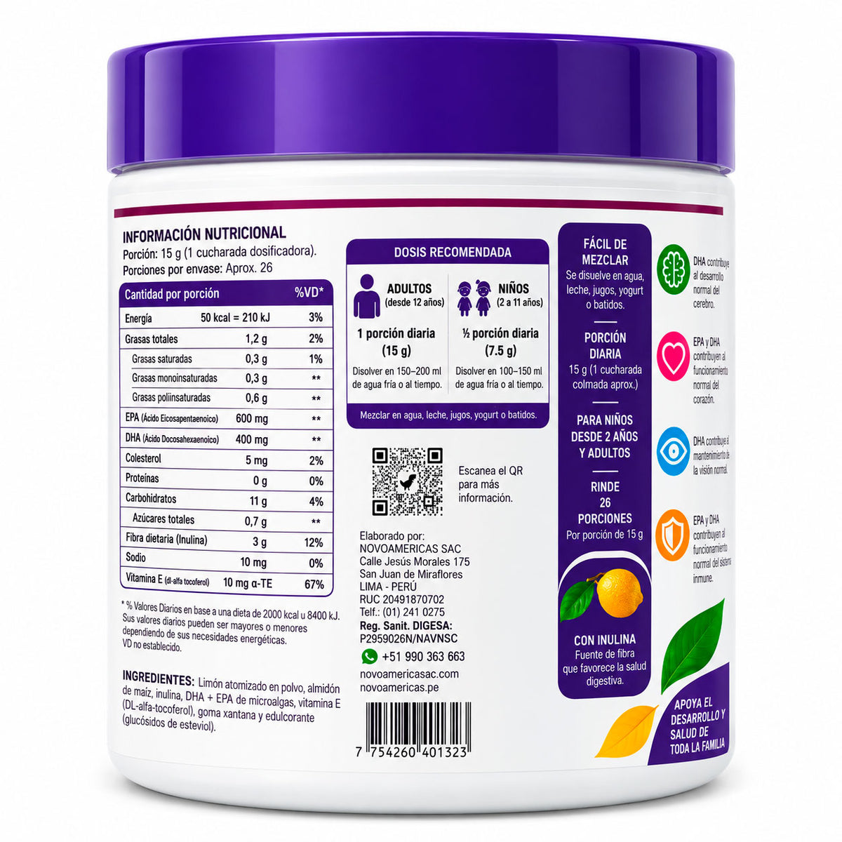 Omega 3 EPA + DHA 1000mg en Polvo Sabor Limón x 400g – Nanita Foods