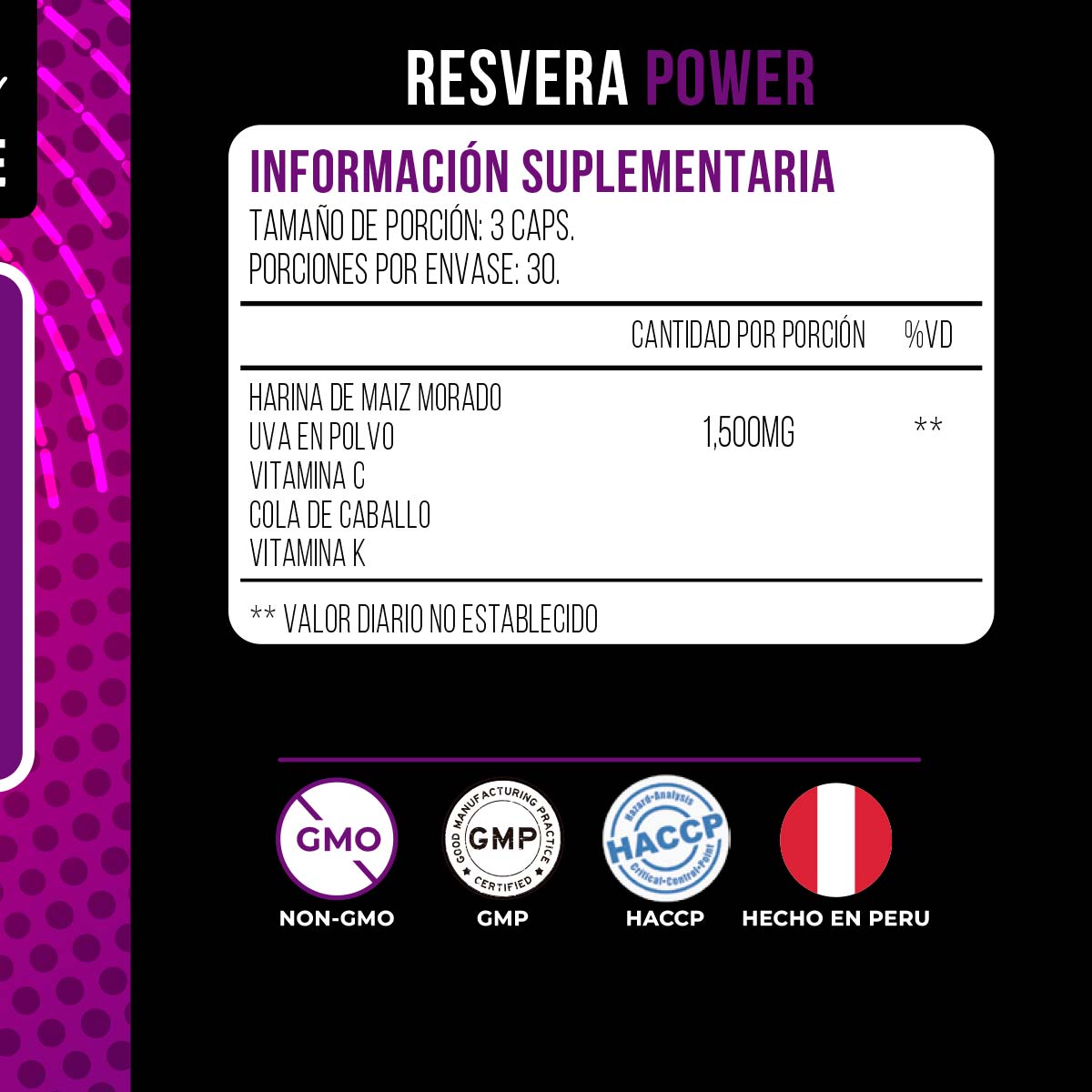 Resverapower (Maíz Morado + Uva + Vitaminas C y K) en cápsulas (90 x 500mg)