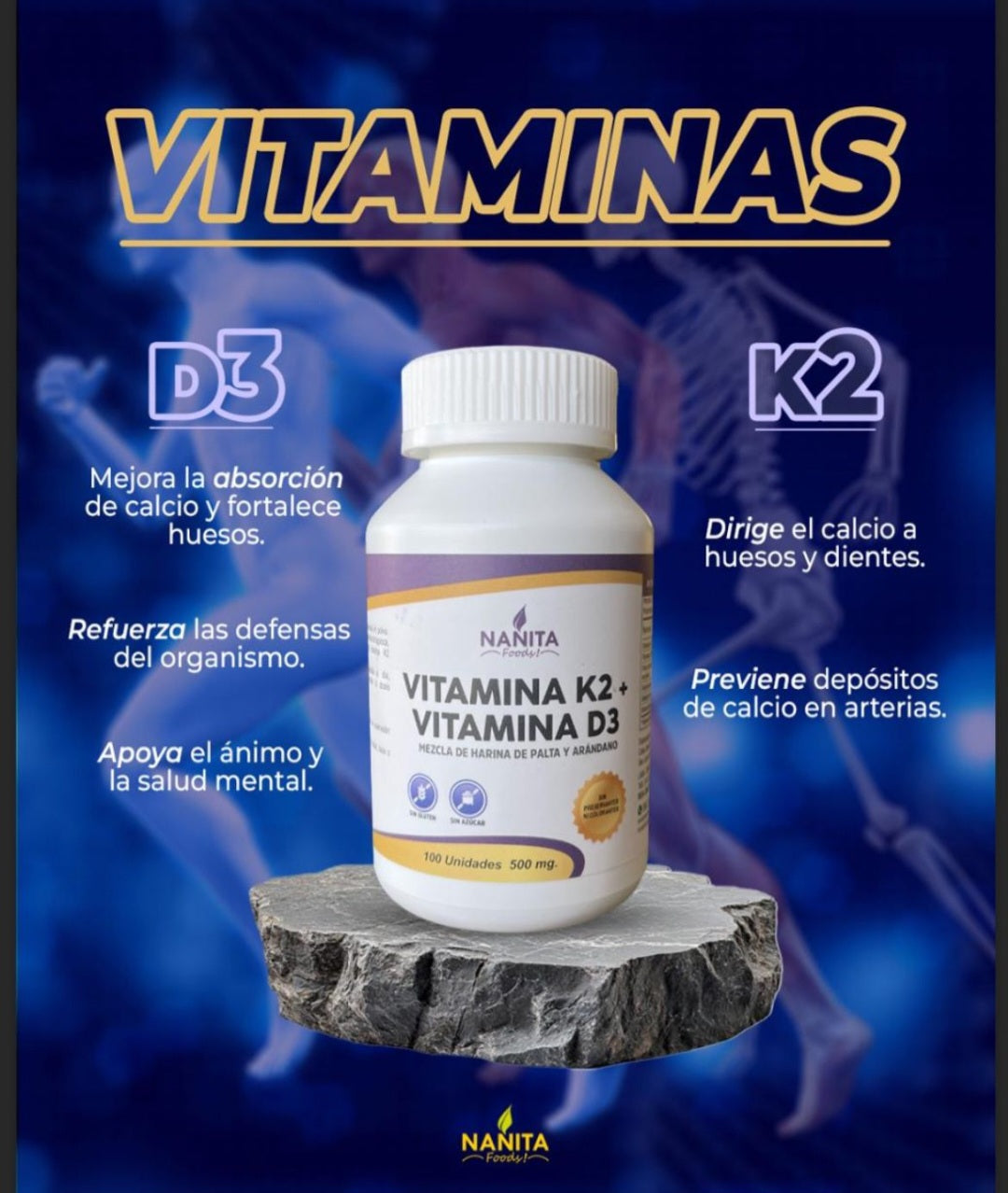 Vitamina K2 + Vitamina D3 en cápsulas (100 x 500mg) – Salud Ósea y Cardiovascular
