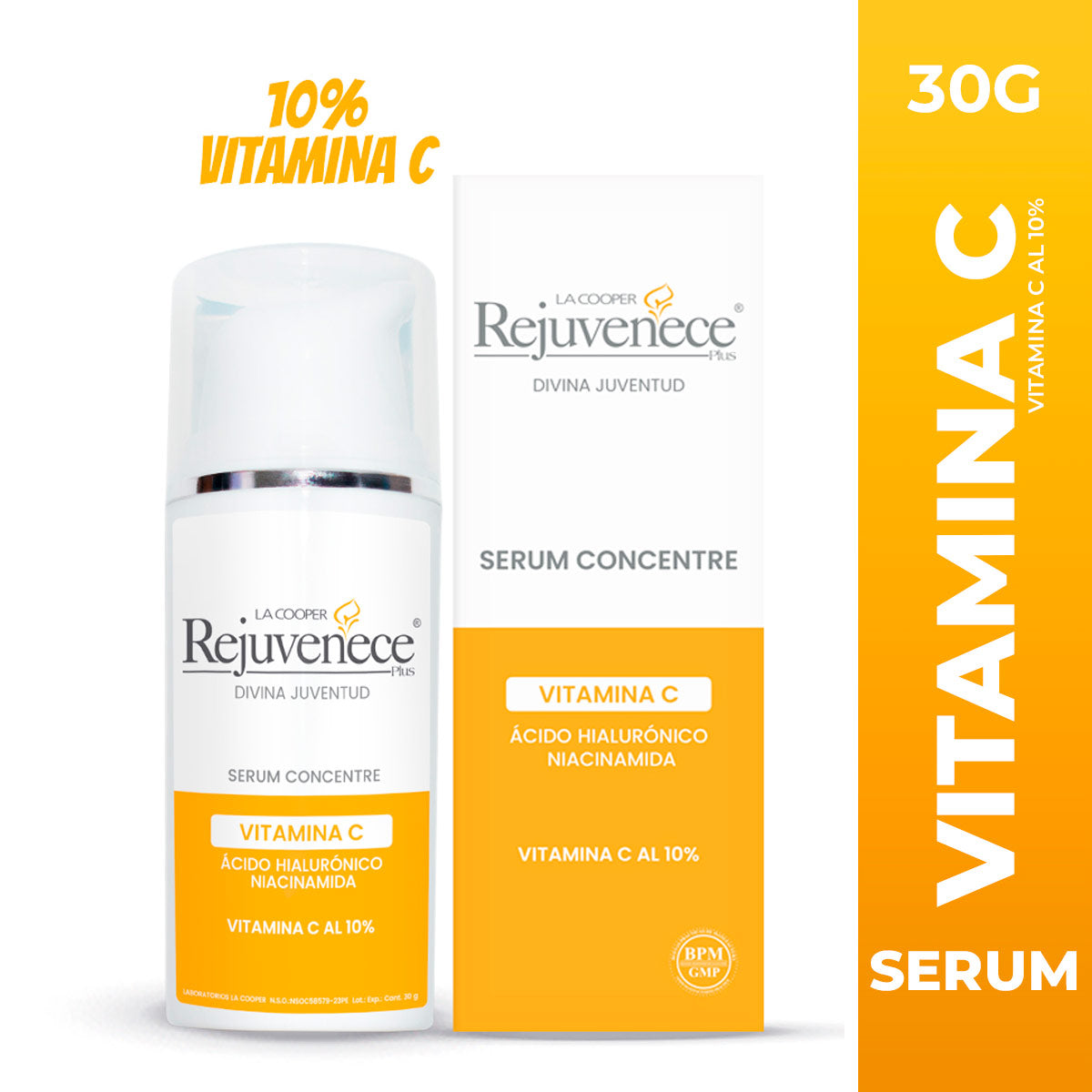 Sérum Facial Vitamina C 10% con Ácido Hialurónico, Niacinamida y Vitamina E 30g – Antimanchas, Hidratante e Iluminador