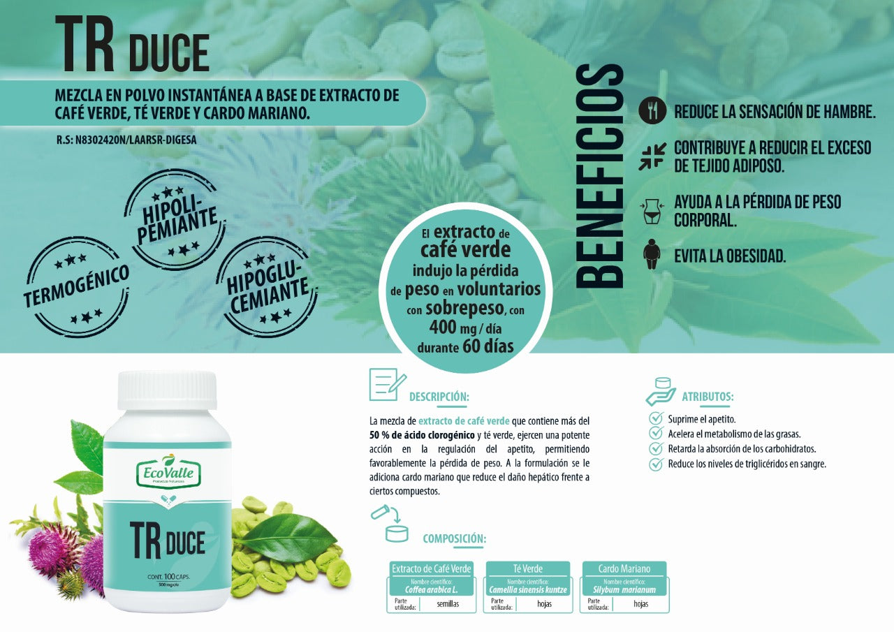 TR Duce (Café Verde, Té Verde y Cardo Mariano) en cápsulas (100 x 500mg)