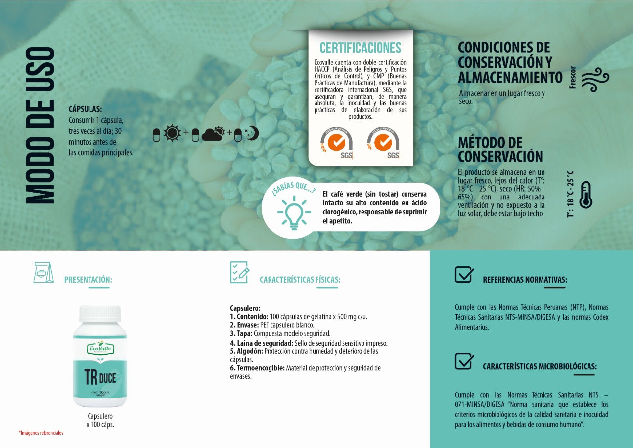 TR Duce (Café Verde, Té Verde y Cardo Mariano) en cápsulas (100 x 500mg)
