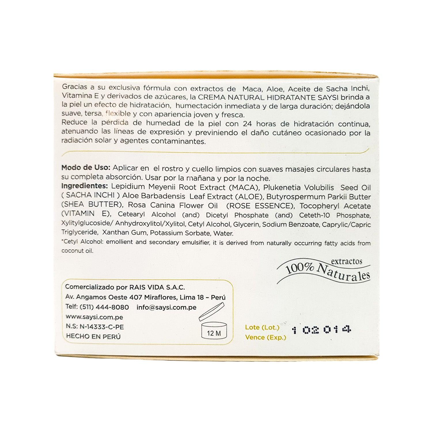 Crema Natural Hidratante (Maca, Aloe, Sacha Inchi) x 50g - Tikafarma