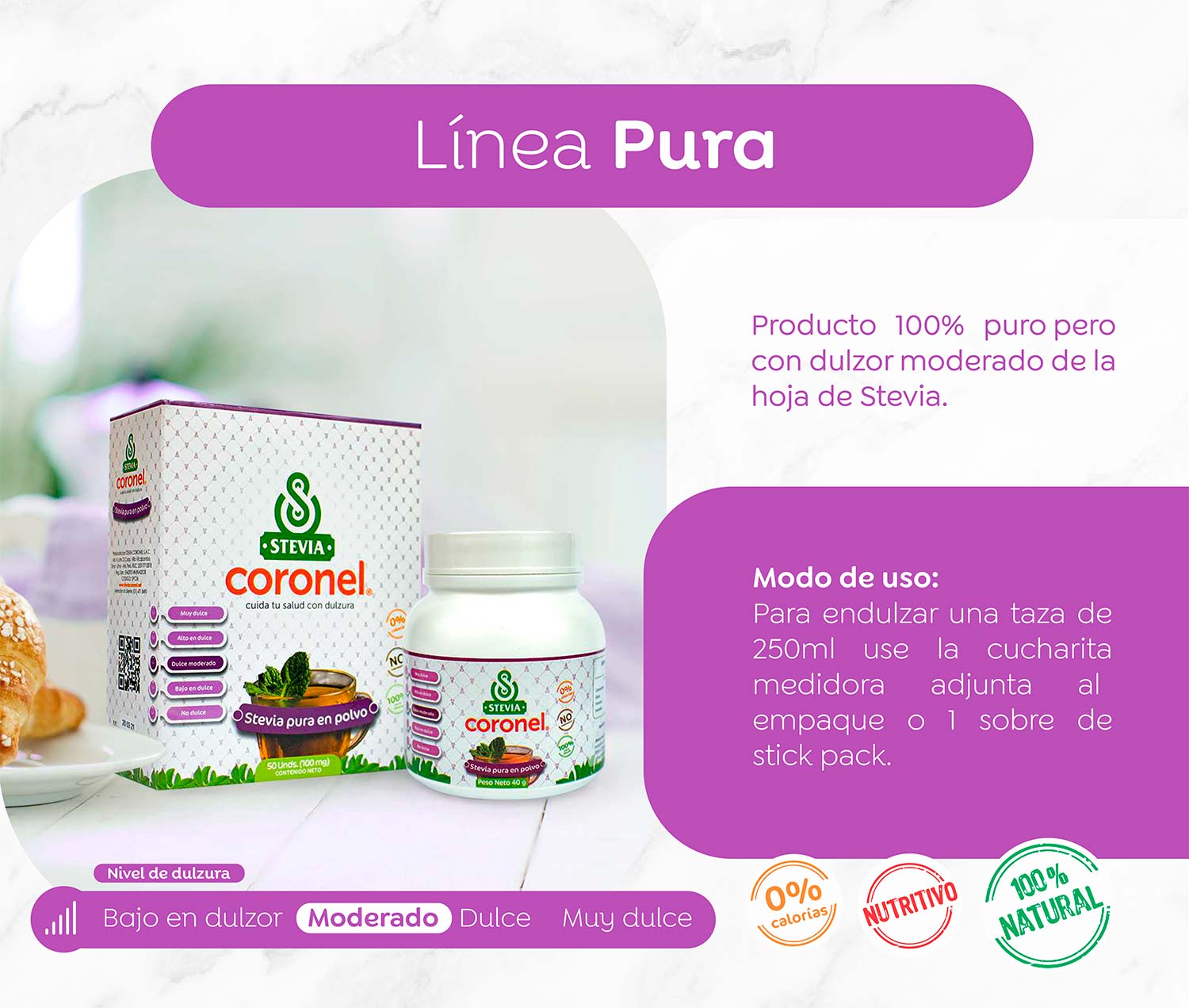 Stevia Coronel 100% Pura en polvo x 50 sobres | Endulzante Natural Sin Calorías