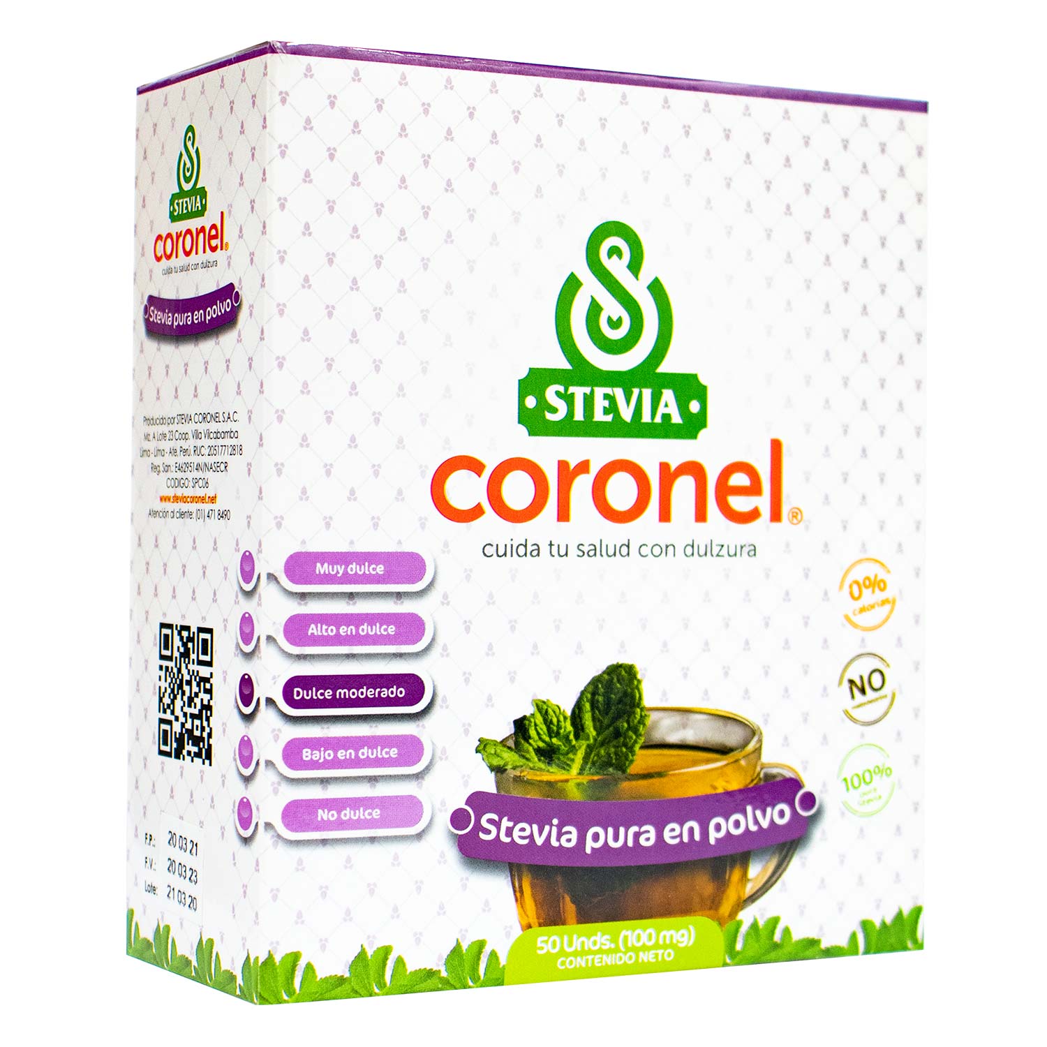 Stevia Coronel 100% Pura en polvo x 50 sobres | Endulzante Natural Sin Calorías