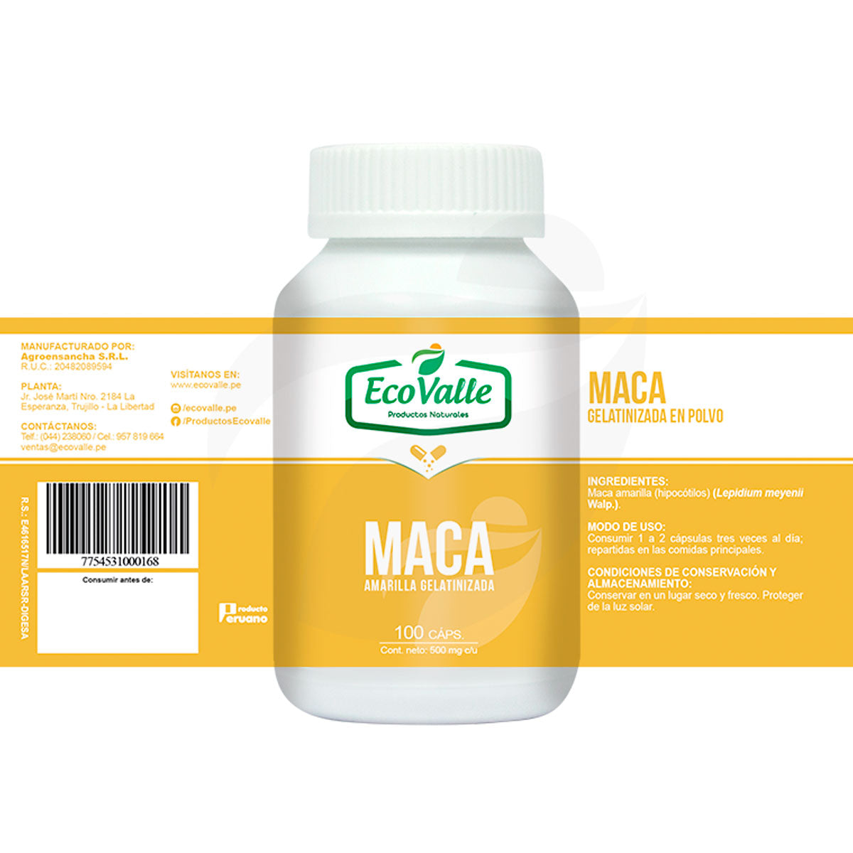 Maca Amarilla Gelatinizada en cápsulas (100 x 500mg)