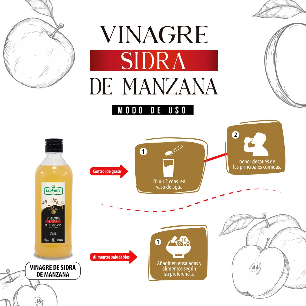 Vinagre de Sidra de Manzana x 500ml – Natural, Sin Pasteurizar y con Madre Activa