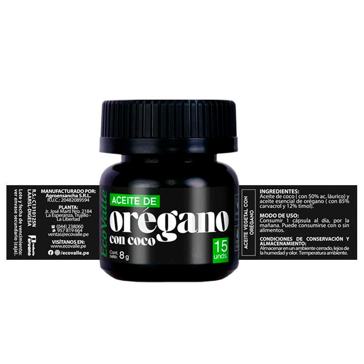 Aceite de Orégano + Aceite de Coco en cápsulas (15 x 550mg) | 85% Carvacrol + 12% Timol | Refuerzo Inmunitario y Digestivo