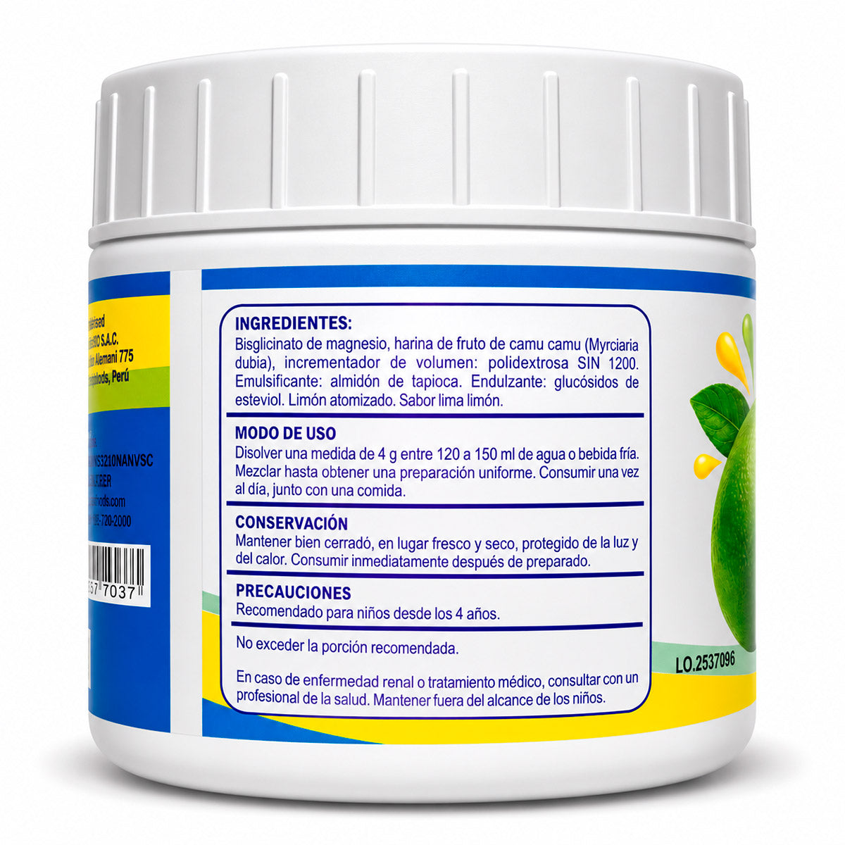 Bisglicinato de Magnesio para Niños (100mg de magnesio elemental por porción) – Sabor Limón y Camu Camu x 200g