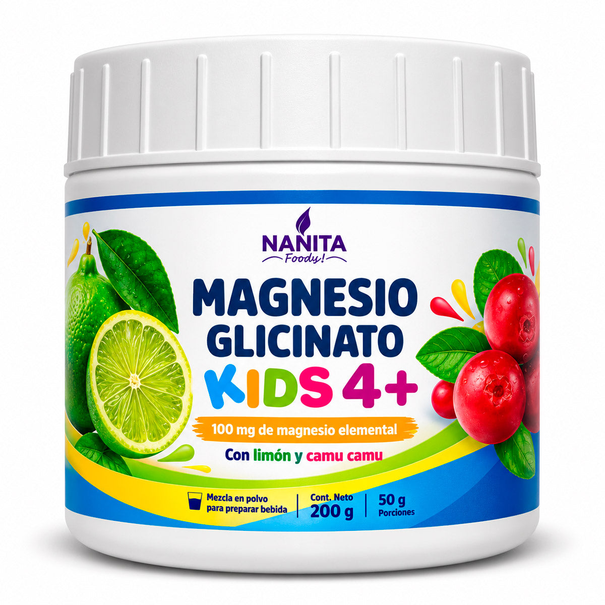 Bisglicinato de Magnesio para Niños (100mg de magnesio elemental por porción) – Sabor Limón y Camu Camu x 200g