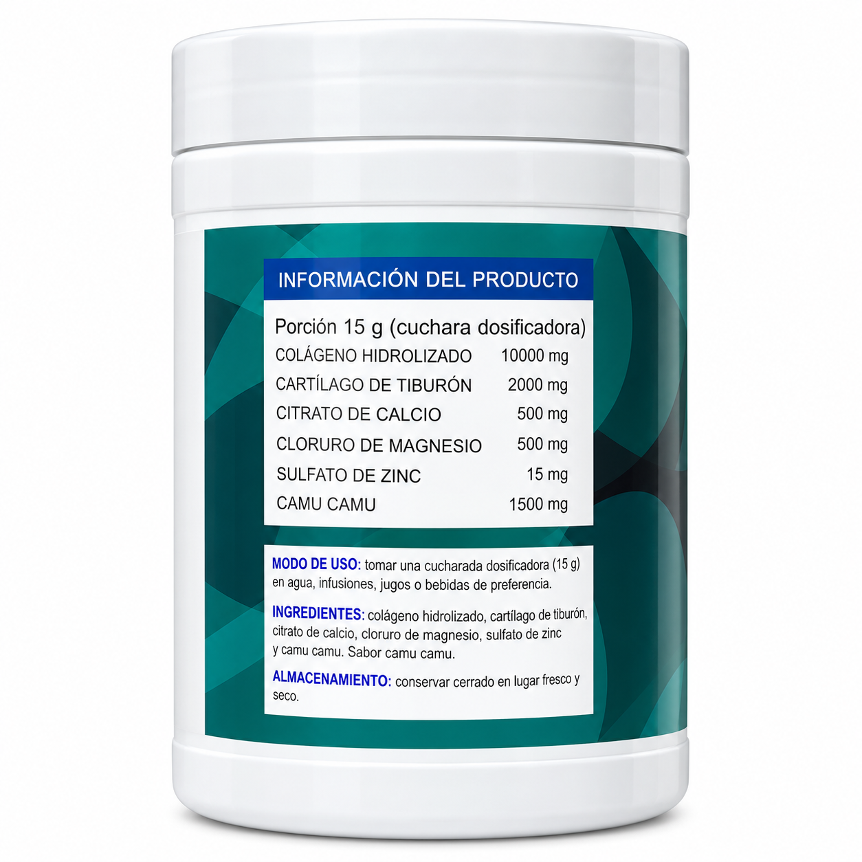 Colágeno con Cartílago de Tiburón, Calcio, Magnesio y Zinc - Sabor Camu Camu x 500g