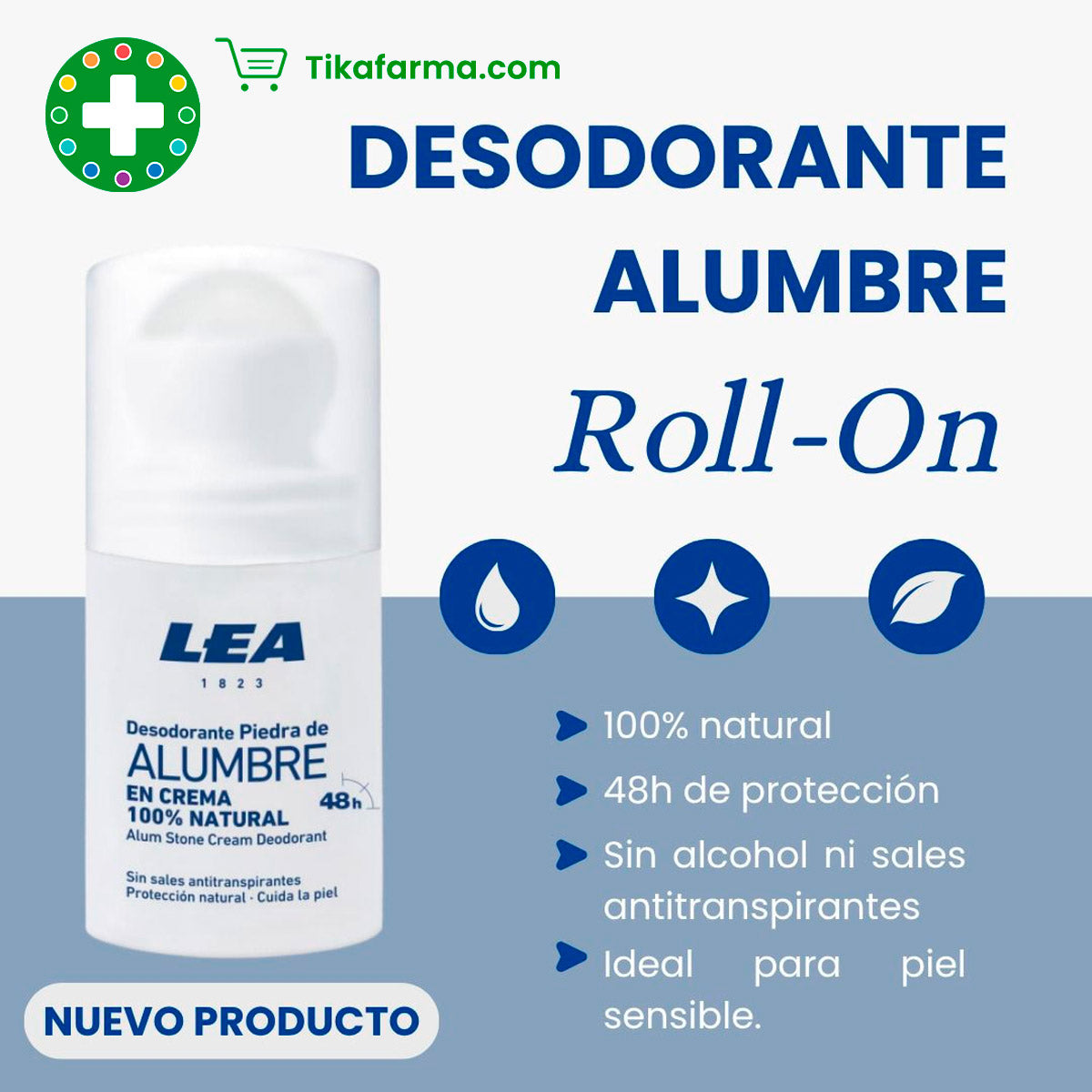 Desodorante Natural Roll On Piedra de Alumbre en Crema x 50ml | 48H Protección para Piel Sensible