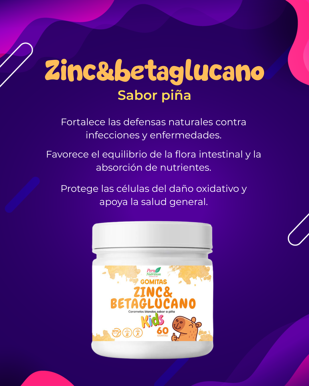 Gomitas de Zinc + Betaglucano + Vitamina C para Niños - Sabor Natural a Piña x 60u