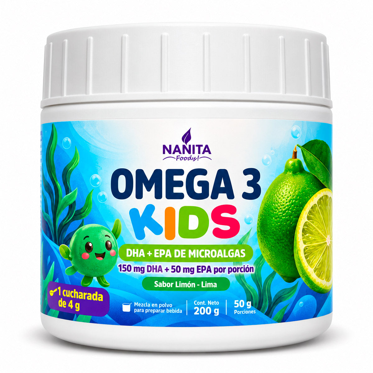 Omega 3 Kids para Niños (200mg EPA + DHA)  - Sabor Lima Limón en polvo x 200g