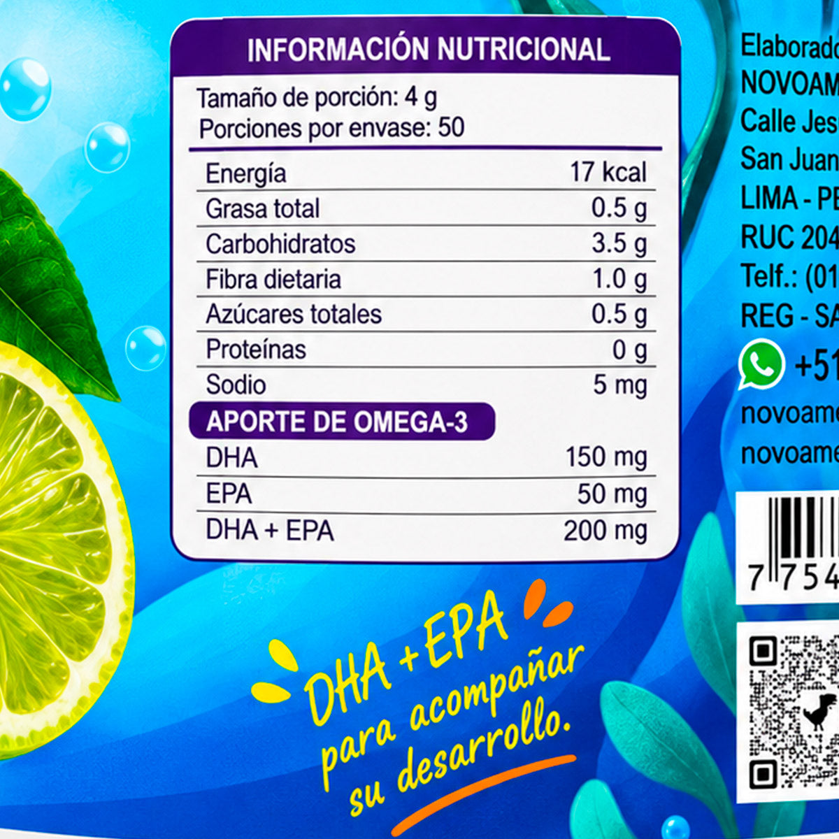 Omega 3 Kids para Niños (200mg EPA + DHA)  - Sabor Lima Limón en polvo x 200g
