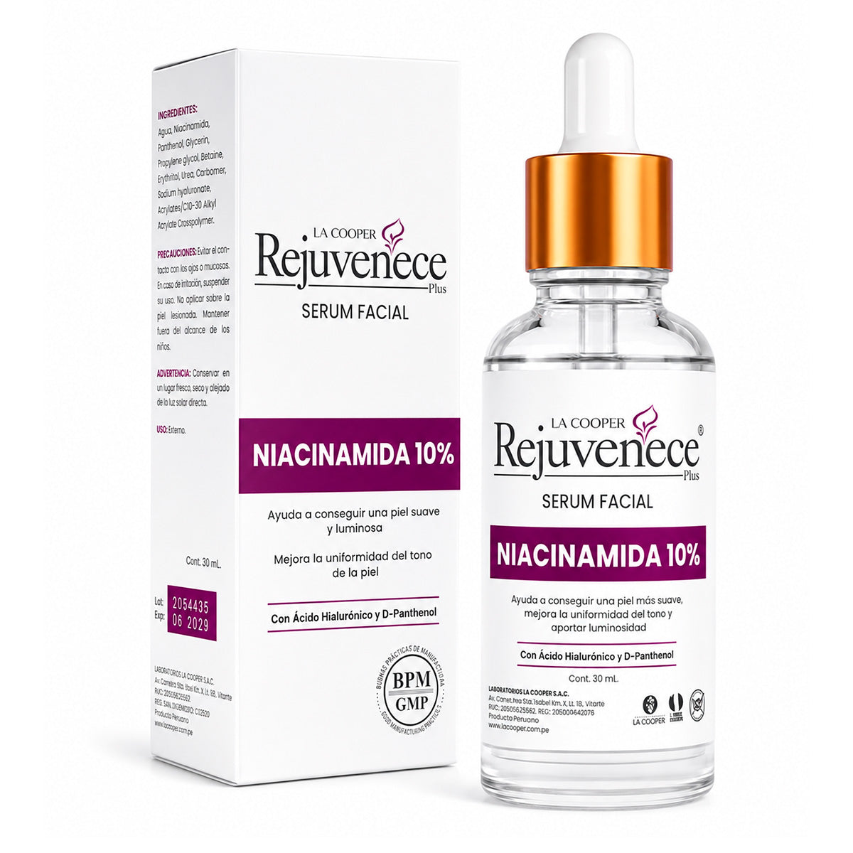 Sérum Facial con Niacinamida 10%, Ácido Hialurónico y D-Pantenol x 30ml