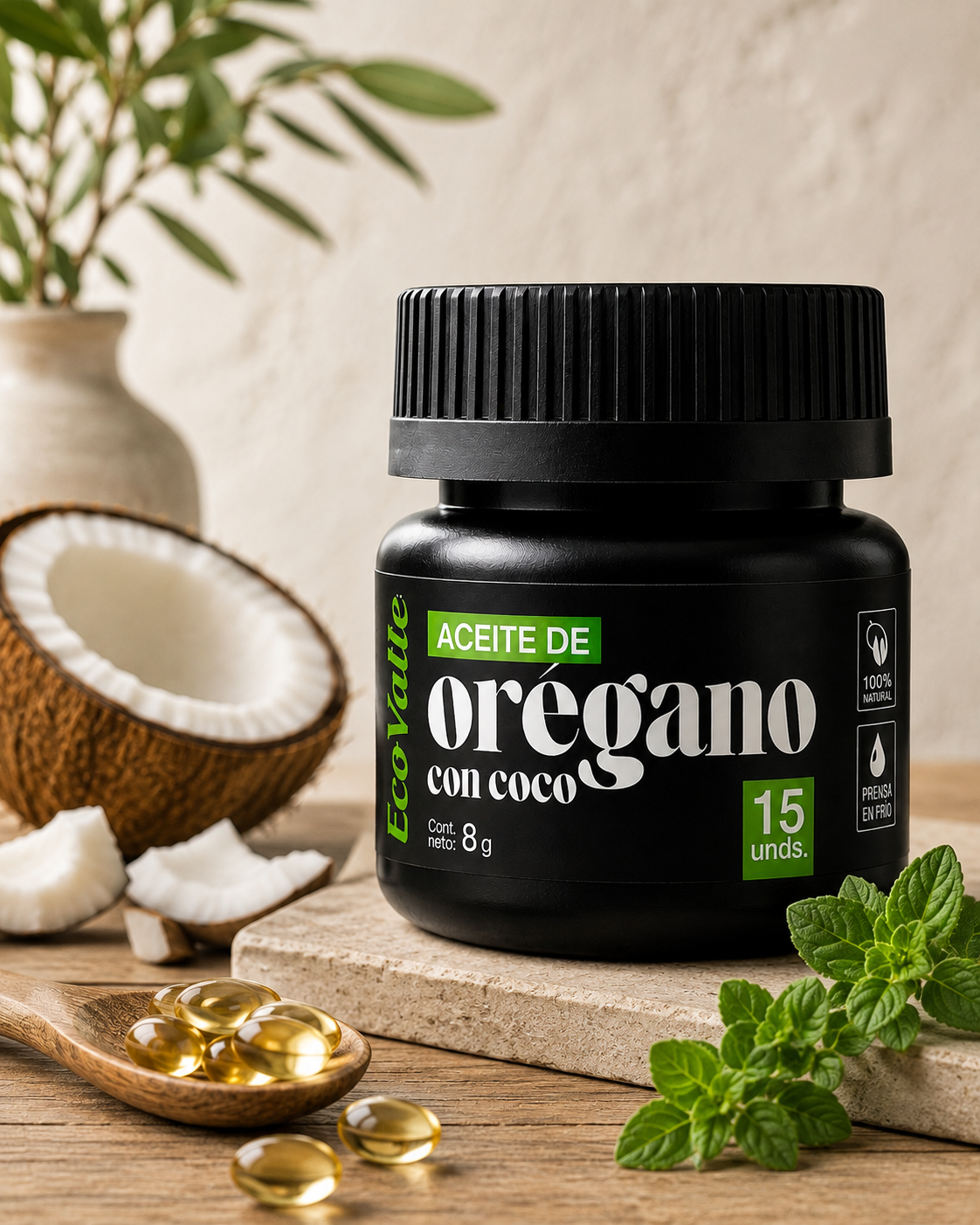 Aceite de Orégano + Aceite de Coco en cápsulas (15 x 550mg) | 85% Carvacrol + 12% Timol | Refuerzo Inmunitario y Digestivo