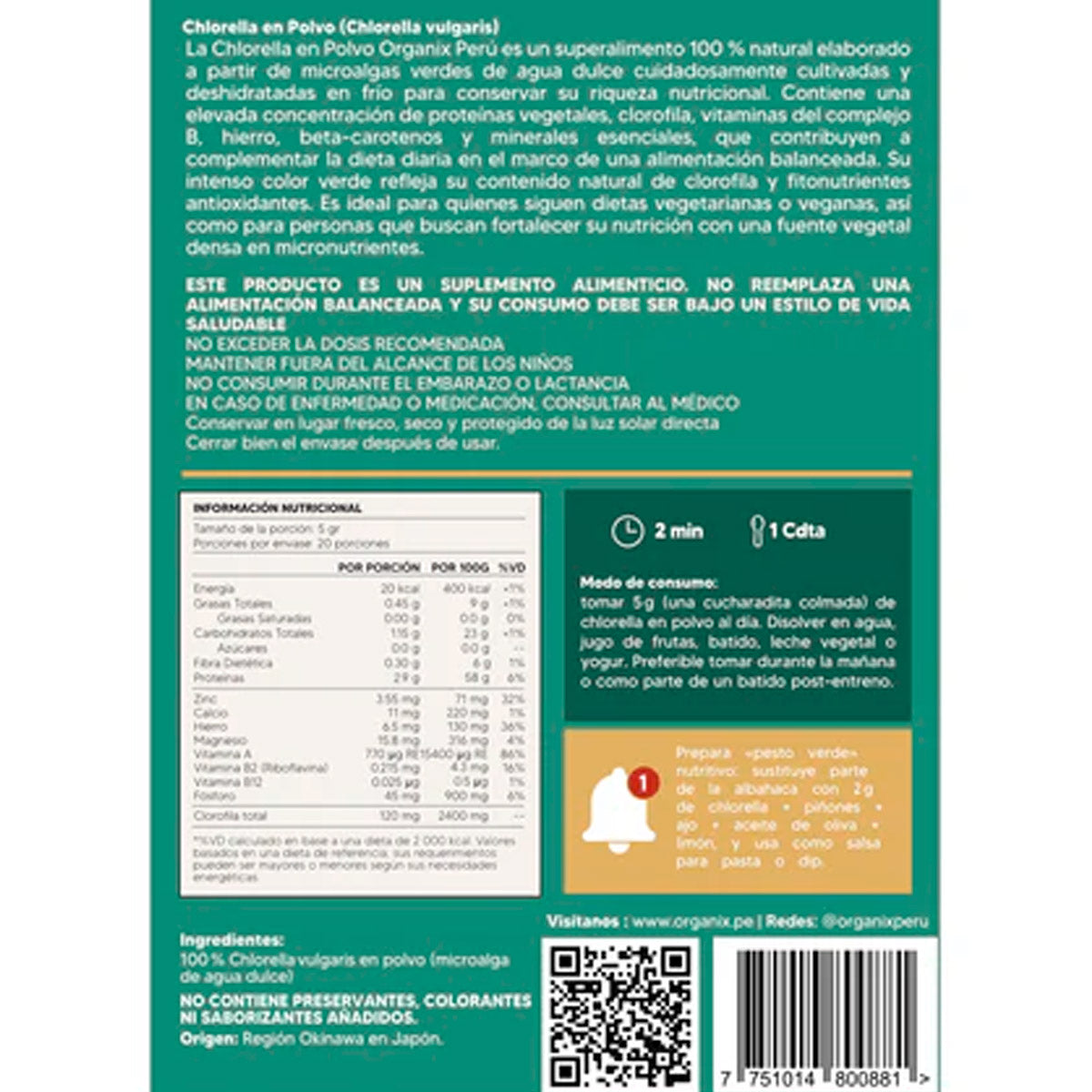 Chlorella (Alga Detox, Clorofila y Proteína Vegana) en polvo x 100g
