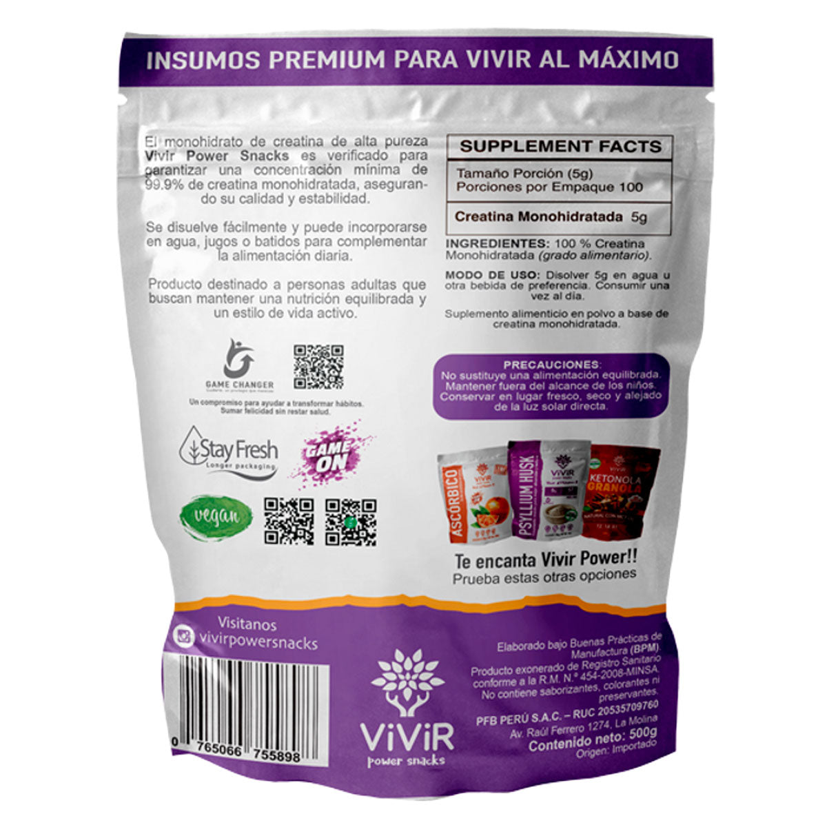 Creatina Monohidratada Pura x 500g – Aumenta tu Fuerza, Energía y Masa Muscular