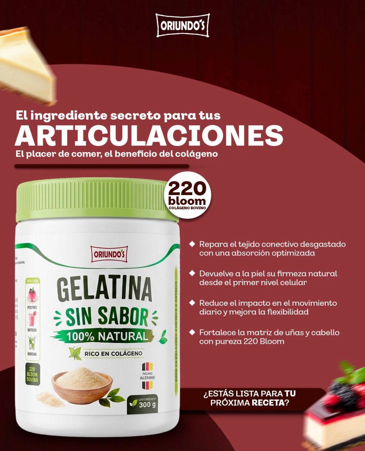 Gelatina Sin Sabor 100% Natural x 300g | Insumo Alemán | 220 Bloom
