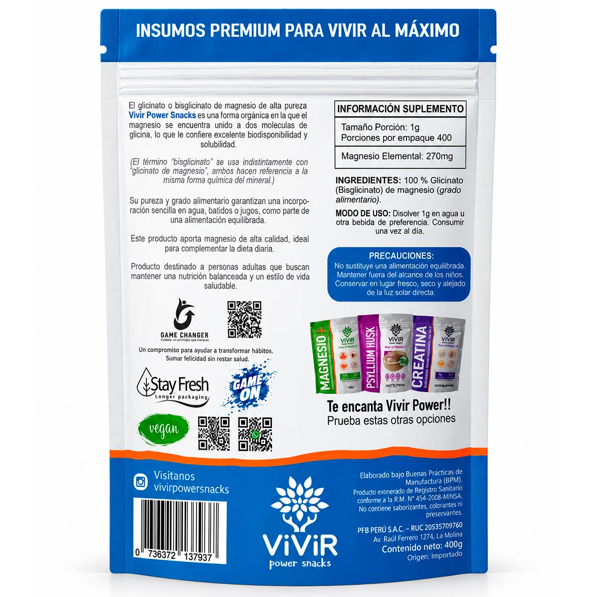 Glicinato de Magnesio (Alta Biodisponibilidad) en polvo x 400g