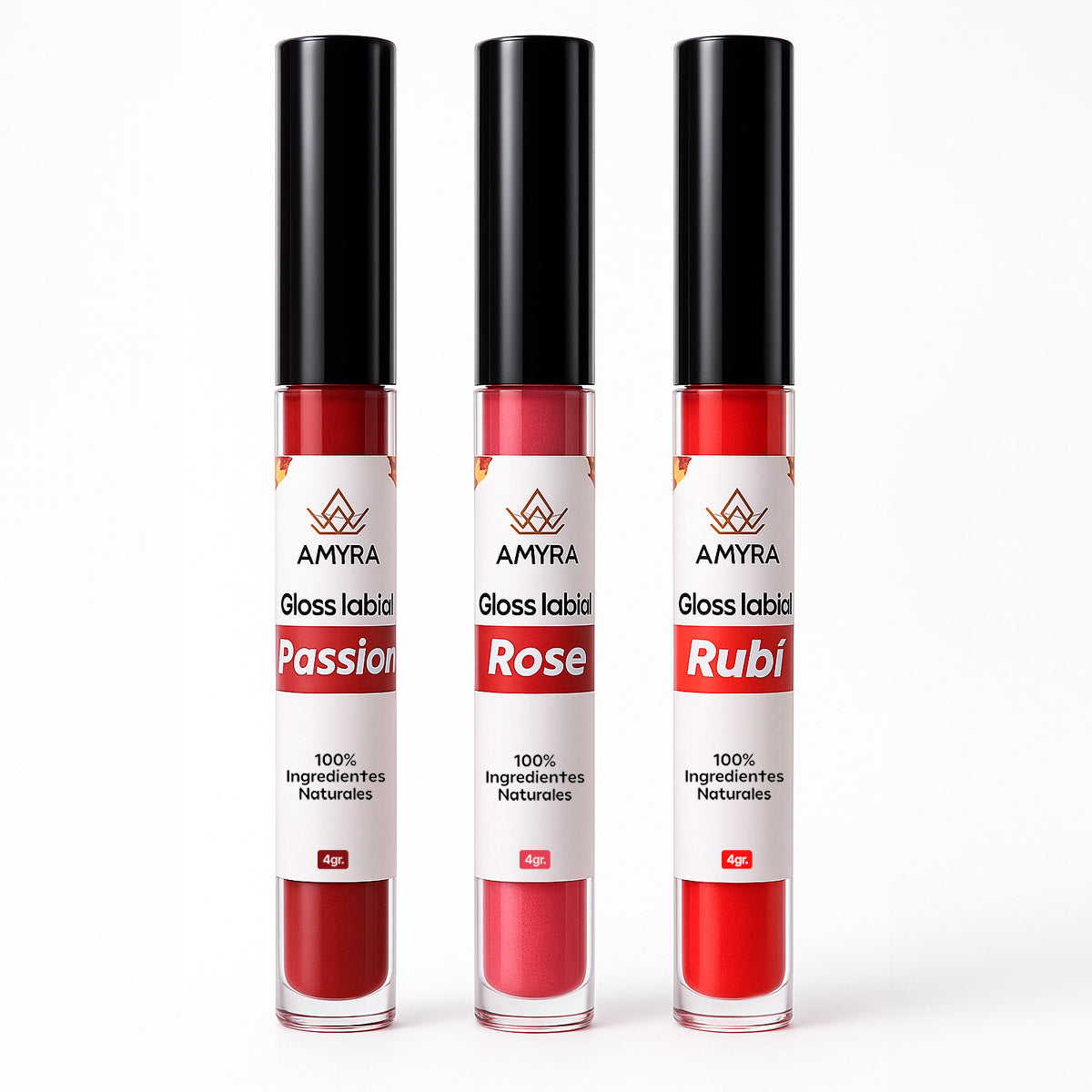 Gloss Labial 100% Natural con Color – Passion, Rose y Rubí