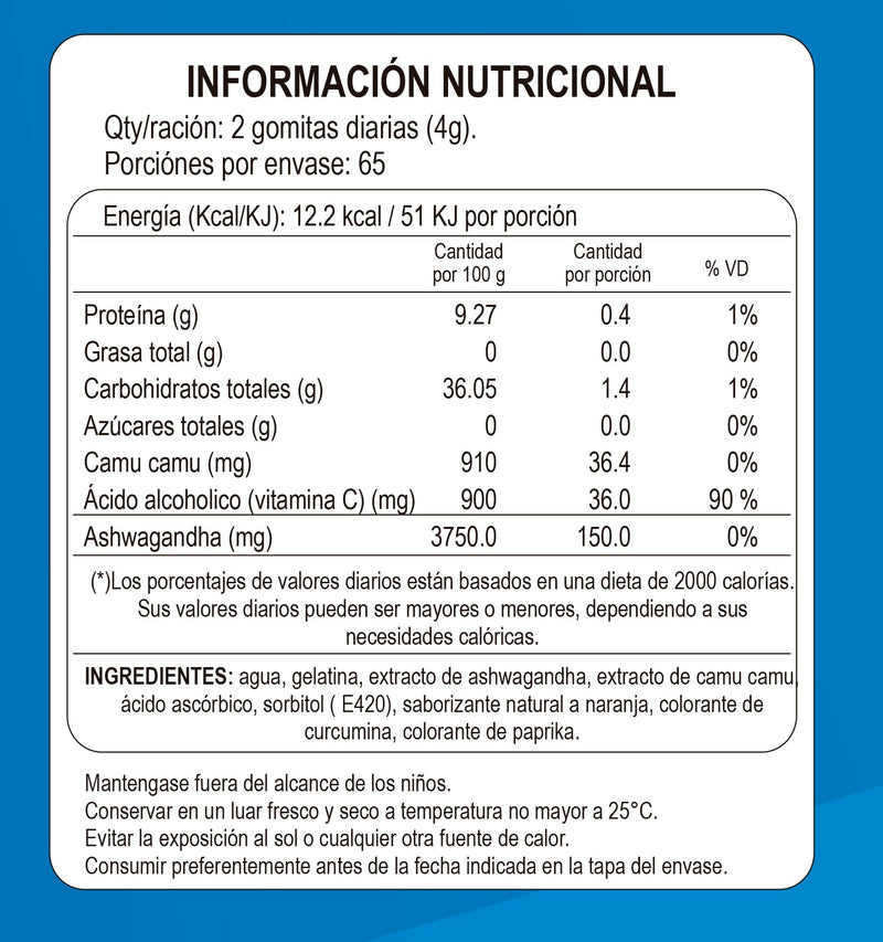 Gomitas de Ashwagandha y Camu Camu - Sabor Natural a Naranja x 130u