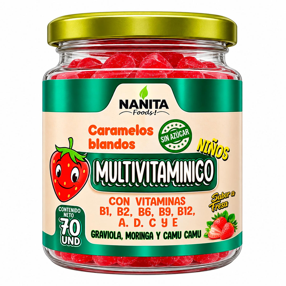Gomitas Multivitamínicas para Niños - Sabor Natural a Fresa | Complejo B + Vitaminas A, C, D y E x 70u