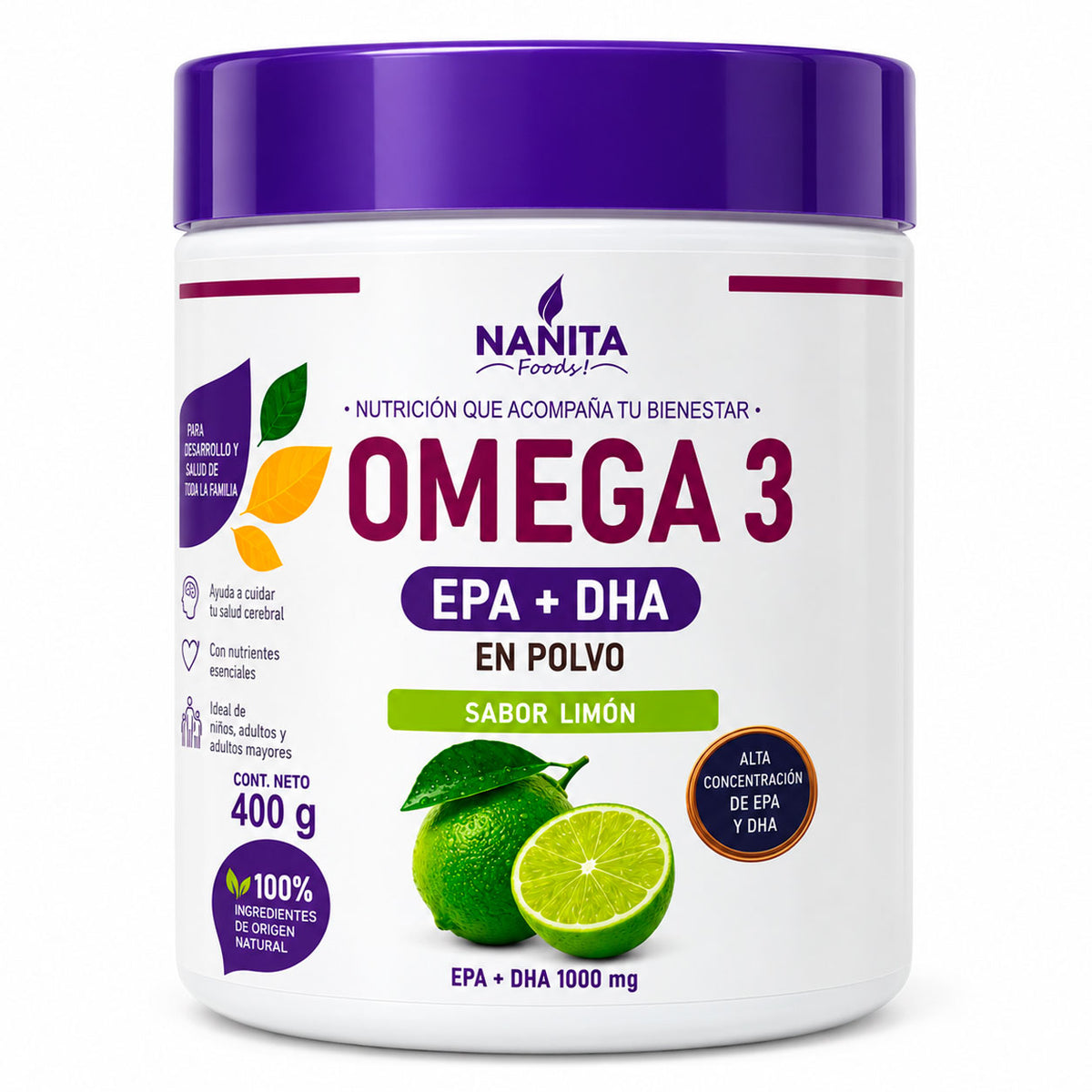 Omega 3 EPA + DHA 1000mg en Polvo Sabor Limón x 400g – Nanita Foods