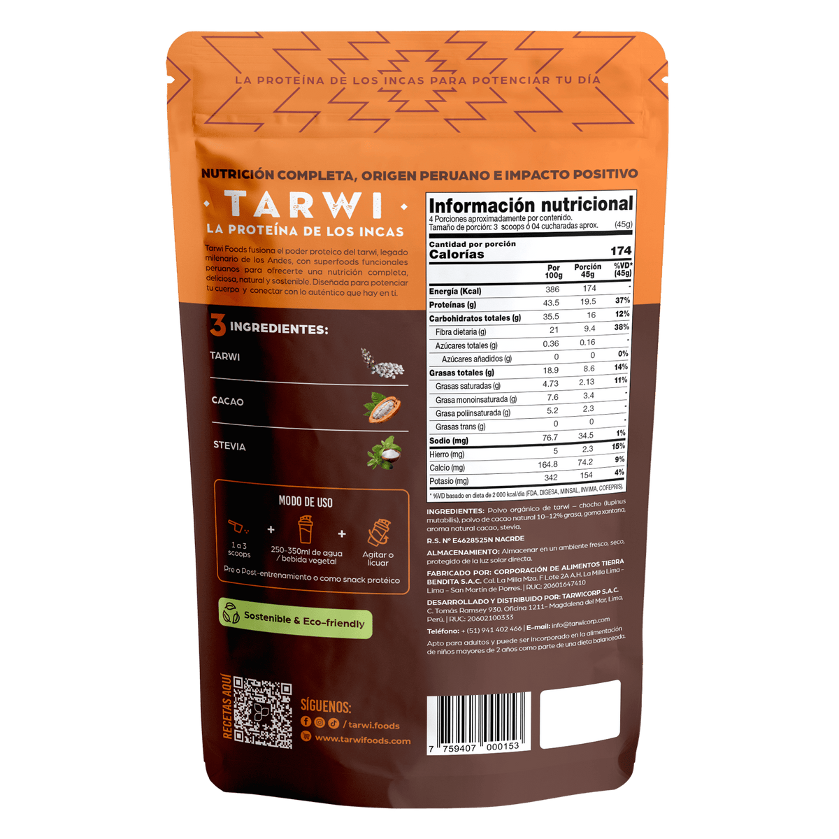 Tarwi con Cacao y Stevia – Proteína Vegetal Andina x 200g
