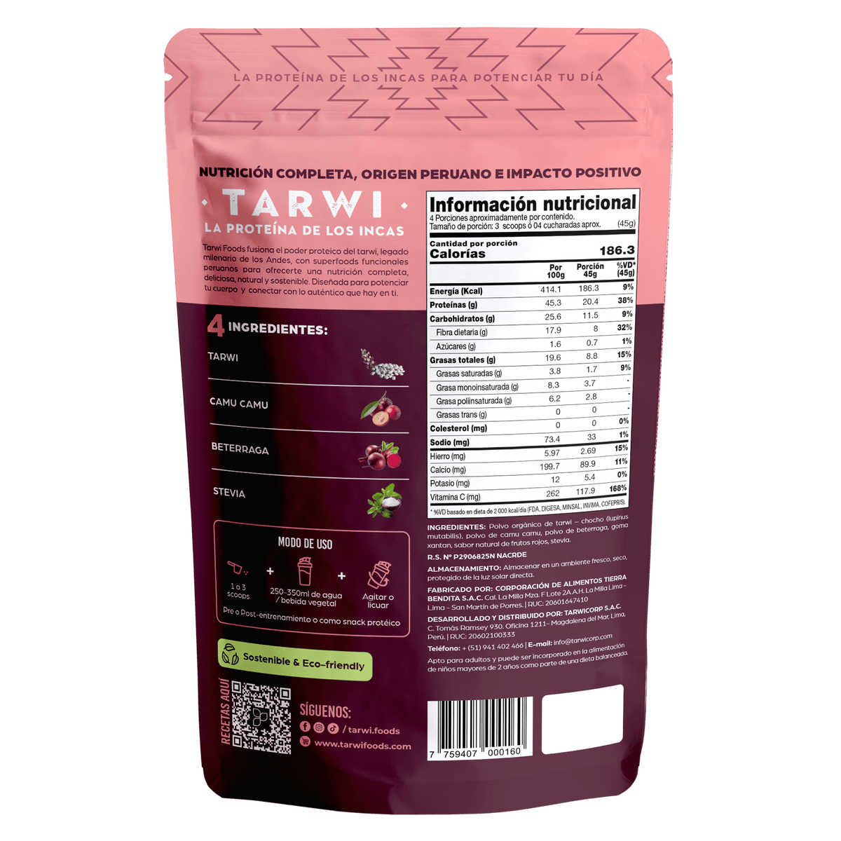 Tarwi con Camu Camu y Stevia – Proteína Vegetal Andina x 200g