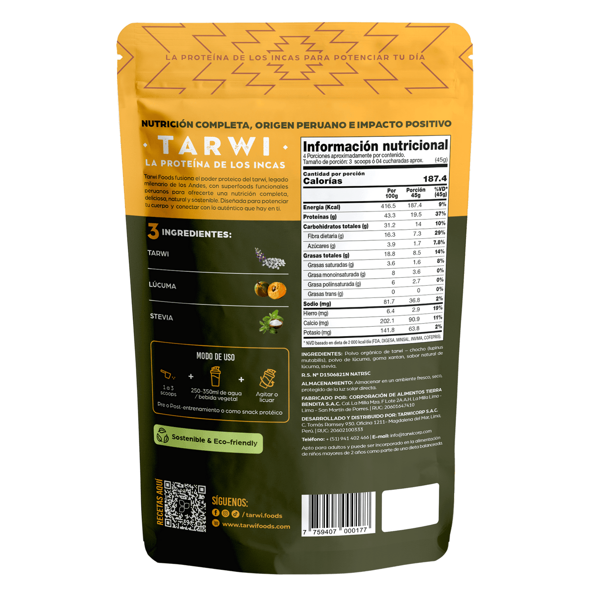 Tarwi con Lúcuma y Stevia – Proteína Vegetal Andina x 200g
