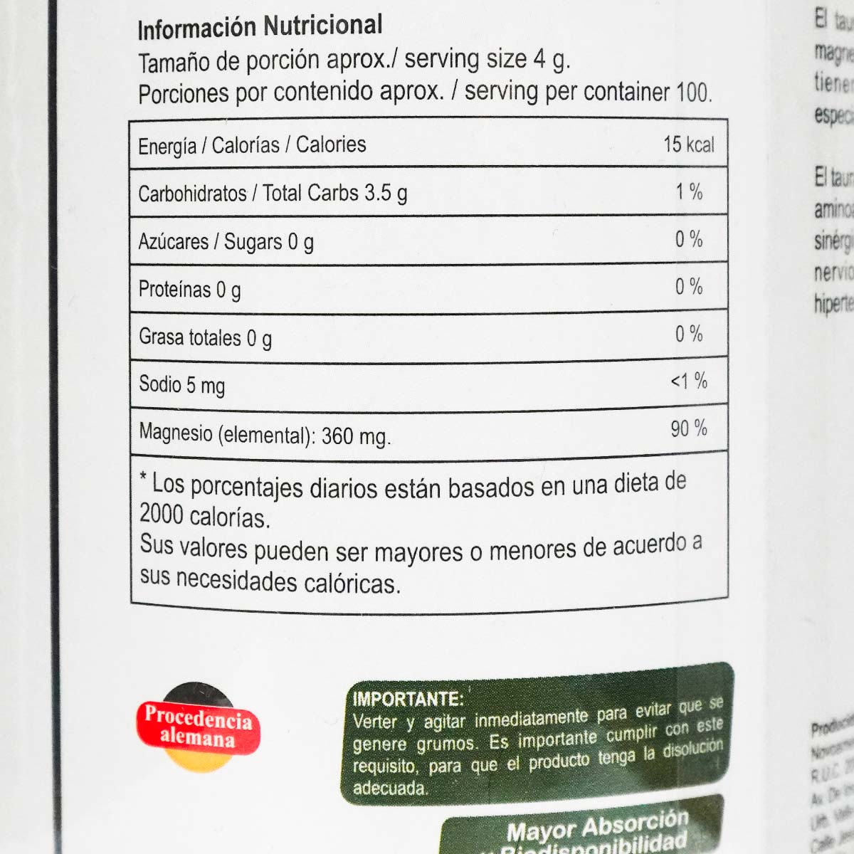 Magnesio Taurato en polvo 400g – Alta Absorción, Salud Cardiaca y Sistema Nervioso